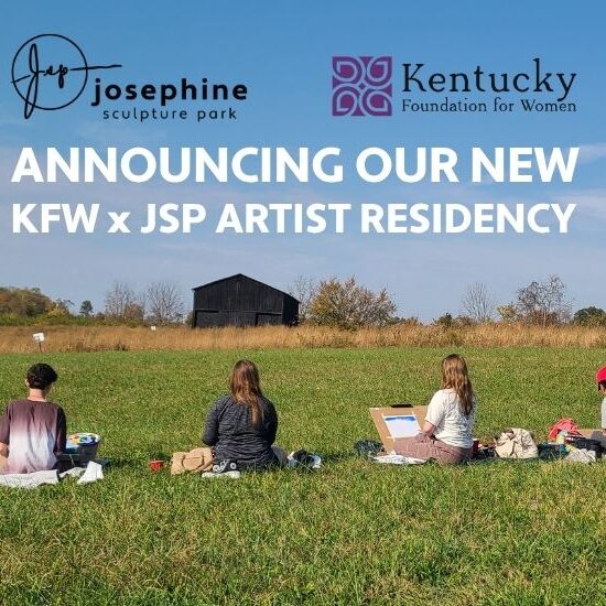 Artists sitting in field creating. Text reads "Announcing OUR NEW KFW X JSP ARTIST RESIDENCY"