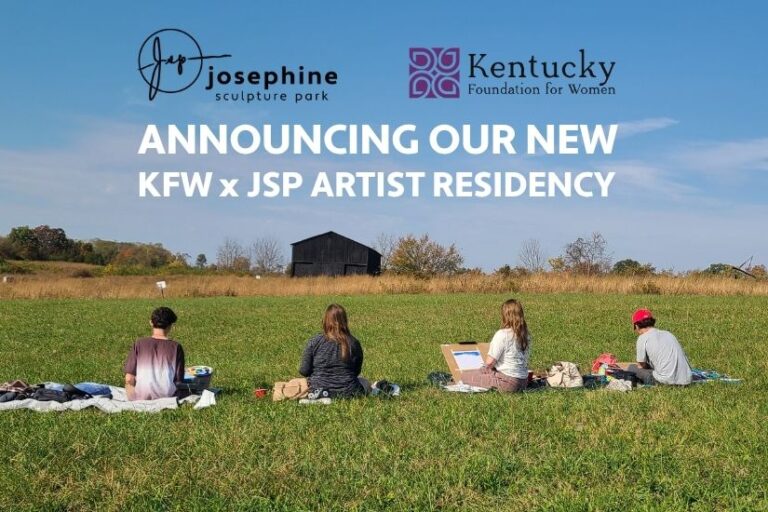Artists sitting in field creating. Text reads "Announcing OUR NEW KFW X JSP ARTIST RESIDENCY"