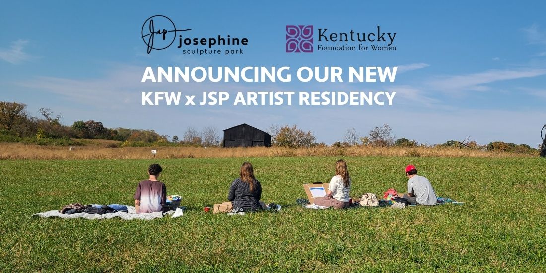 Artists sitting in field creating. Text reads "Announcing OUR NEW KFW X JSP ARTIST RESIDENCY"